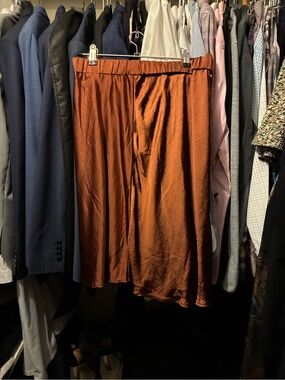 Copper Satin Elastic-Waist Midi Skirt